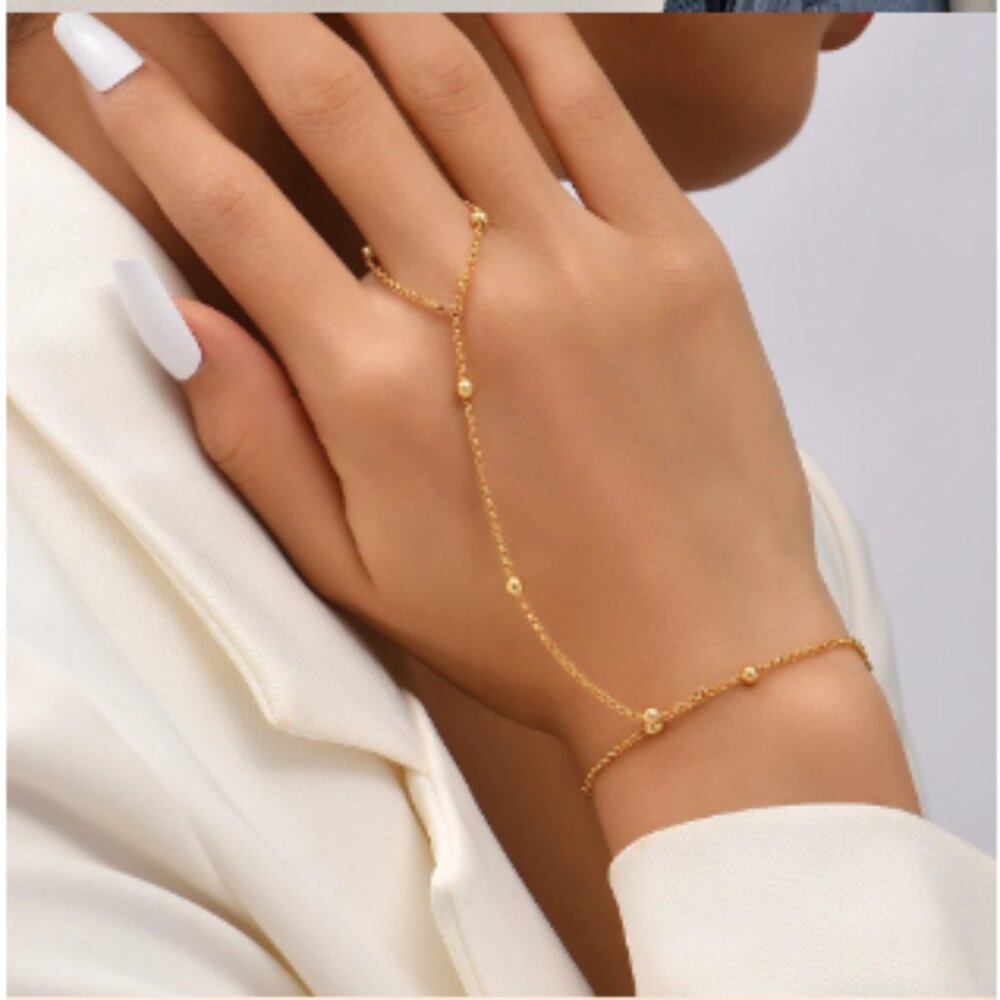 Tiny Chain Bracelet Finger Rings Gold Color Link Chains Connecting Hand Harness - Picture 2 of 5